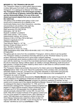 MESSIER 33, the TRIANGULUM GALAXY the Triangulum Galaxy Is a Spiral Galaxy Approximately 3 Million Light-Years from Earth in the Constellation Triangulum