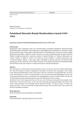 Działalność Literacka Wandy Wasilewskiej W Latach 1945- 1964