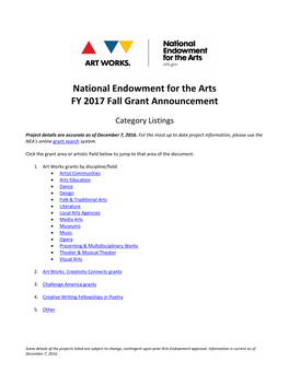 National Endowment for the Arts FY 2017 Fall Grant Announcement