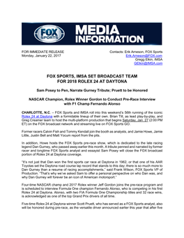 Fox Sports, Imsa Set Broadcast Team for 2018 Rolex 24 at Daytona