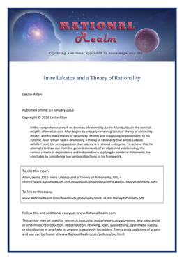 Imre Lakatos and a Theory of Rationality