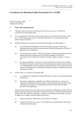 Greenhouse Gas Benchmark Rule (Generation) No. 2 of 2003 Effective from 23 December 2005