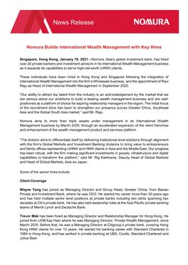 (Hong Kong) Limited Nomura Builds International Wealth Management W