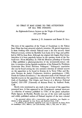 An Eighteenth-Century Sermon on the Virgin Oí Guadalupe and Juan Diego