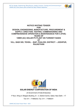 Notice Inviting Tender for Design, Engineering