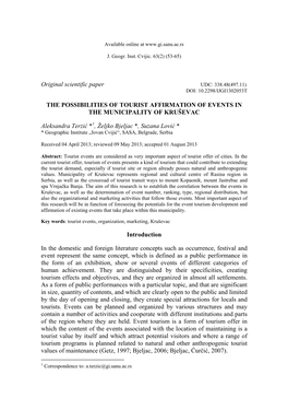 Original Scientific Paper the POSSIBILITIES of TOURIST AFFIRMATION of EVENTS in the MUNICIPALITY of KRUŠEVAC Aleksandra