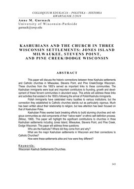 Kashubians and the Church in Three Wisconsin Settlements: Jones Island Milwaukee, Stevens Point, and Pine Creek/Dodge Wisconsin