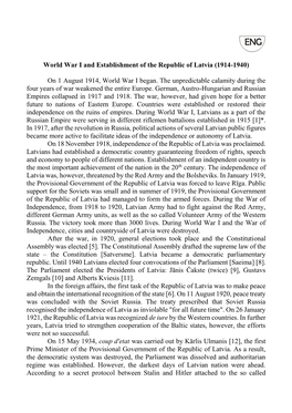 World War I and Establishment of the Republic of Latvia (1914-1940) On