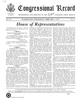 Congressional Record United States Th of America PROCEEDINGS and DEBATES of the 115 CONGRESS, FIRST SESSION