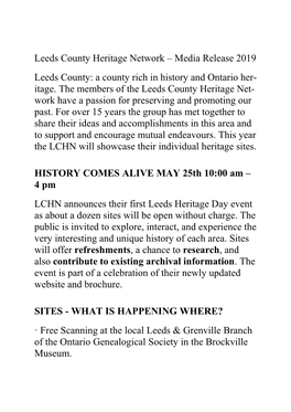 Leeds County Heritage Network – Media Release 2019 Leeds County: a County Rich in History and Ontario Her- Itage