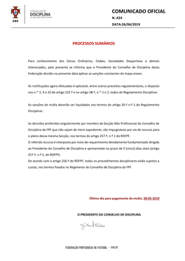 Comunicado Oficial N.:424 Data:26/04/2019