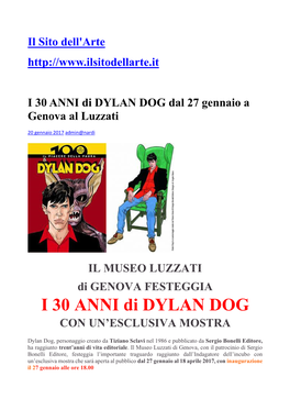 I 30 ANNI Di DYLAN DOG Dal 27 Gennaio a Genova Al Luzzati