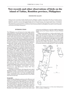 New Records and Other Observations of Birds on the Island of Tablas, Romblon Province, Philippines (Forktail 22: 77-84) (PDF, 14