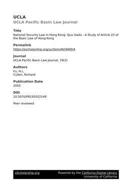 National Security Law in Hong Kong: Quo Vadis - a Study of Article 23 of the Basic Law of Hong Kong