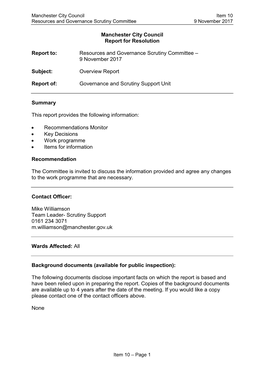 Manchester City Council Report for Resolution Report To: Resources