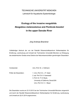 Ecology of the Invasive Neogobiids Neogobius Melanostomus and Ponticola Kessleri in the Upper Danube River