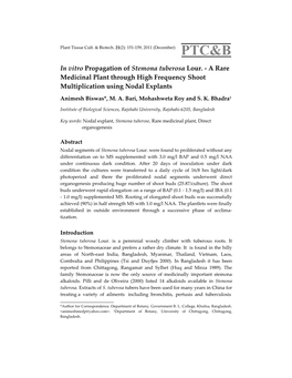 In Vitro Propagation of Stemona Tuberosa Lour. ‐ a Rare Medicinal Plant Through High Frequency Shoot Multiplication Using Nodal Explants