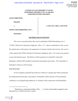 UNITED STATES DISTRICT COURT NORTHERN DISTRICT of ALABAMA NORTHWESTERN DIVISION JASON BREWER, Plaintiff, V. TIFFIN MOTORHOMES, I