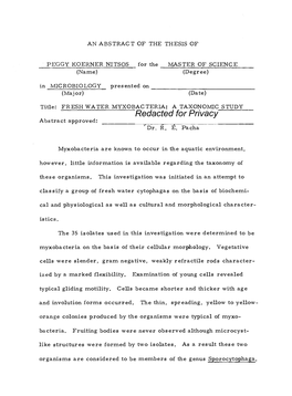 FRESH WATER MYXOBACTERIA: a TAXONOMIC STUDY Redacted for Privacy Abstract Approved: 