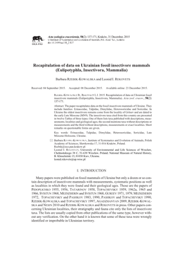 Recapitulation of Data on Ukrainian Fossil Insectivore Mammals (Eulipotyphla, Insectivora, Mammalia)