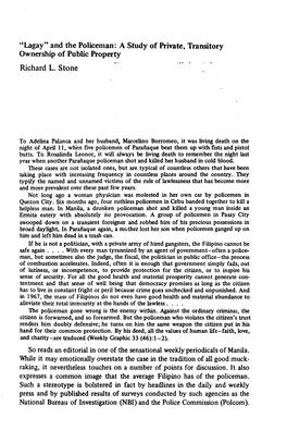 Lagay" and the Policeman: a Study of Private, Transitory Ownership of Public Property Richard L