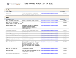 Titles Ordered March 12 - 19, 2020