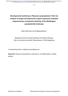 Developmental Switching in Physarum Polycephalum: Petri Net Analysis Of