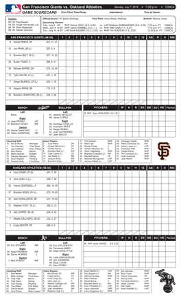San Francisco Giants Vs. Oakland Athletics Monday, July 7, 2014 W 7:05 P.M