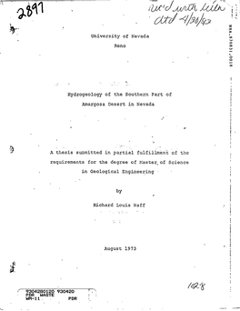 Hydrogeology of Southern Part of Amargosa Desert in Nevada