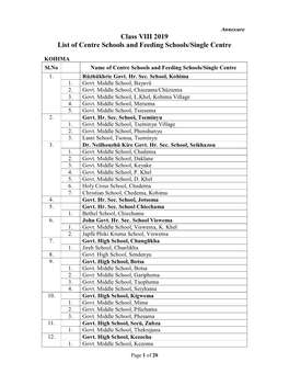 Class VIII 2019 List of Centre Schools and Feeding Schools/Single Centre