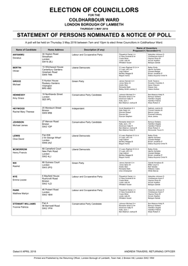 Election of Councillors for the Coldharbour Ward London Borough of Lambeth Thursday 3 May 2018 Statement of Persons Nominated & Notice of Poll