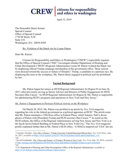 April 12, 2019 the Honorable Henry Kerner Special Counsel Office Of