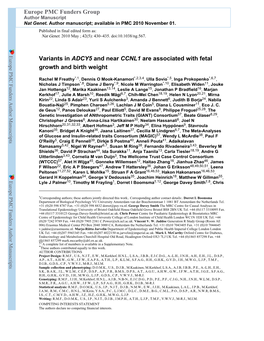 Variants in ADCY5 and Near CCNL1 Are Associated with Fetal Growth and Birth Weight