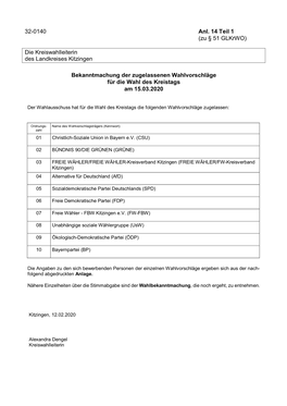 32-0140 Anl. 14 Teil 1 (Zu § 51 Glkrwo) Die Kreiswahlleiterin Des