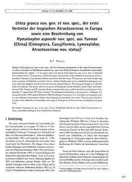 Urtea Graeca Nov. Gen. Et Nov. Spec, Der Erste Vertreter Der Tropischen Atractocerinae in Europa Sowie Eine Beschreibung Von Hymaloxylon Aspoecki Nov