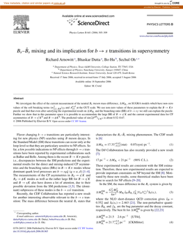 Bs Mixing and Its Implication for B → S Transitions in Supersymmetry Richard Arnowitt A, Bhaskar Dutta A,Bohub, Sechul Oh C,∗