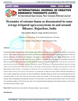 Dynamics of Entomo-Fauna As Documented in Some Sewage Irrigated Agro-Ecosystems in and Around Bikaner, Rajasthan, India