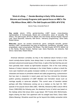 Gender-Bending in Early 1970S American Sitcoms and Comedy Programs (With Special Focus on NBC’S the Flip Wilson Show, ABC’S the Odd Couple and CBS’S M*A*S*H)