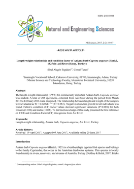 RESEARCH ARTICLE- Length-Weight Relationship and Condition Factor of Ankara Barb Capoeta Angorae