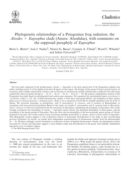 Phylogenetic Relationships of a Patagonian Frog Radiation, the Alsodes+Eupsophus Clade (Anura: Alsodidae), with Comments On