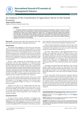 An Analysis of the Contribution of Agriculture Sector to the Somali Economy Abdikani Abdullahi Sheikdon* Department of Economics, Sakarya University, Turkey