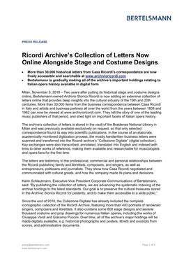 Ricordi Archive's Collection of Letters Now Online Alongside Stage And