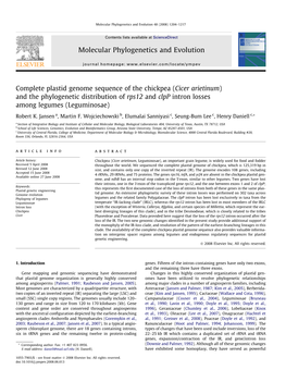 Complete Plastid Genome Sequence of the Chickpea (Cicer Arietinum) and the Phylogenetic Distribution of Rps12 and Clpp Intron Losses Among Legumes (Leguminosae)