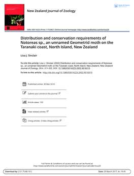 Distribution and Conservation Requirements of Notoreas Sp., an Unnamed Geometrid Moth on the Taranaki Coast, North Island, New Zealand