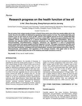 Research Progress on the Health Function of Tea Oil