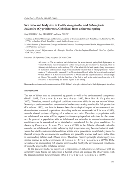 Sex Ratio and Body Size in Cobitis Elongatoides and Sabanejewia Balcanica (Cypriniformes, Cobitidae) from a Thermal Spring