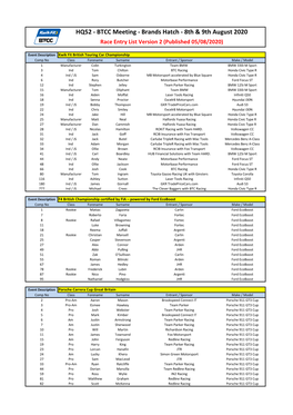 HQ52 - BTCC Meeting - Brands Hatch - 8Th & 9Th August 2020 Race Entry List Version 2 (Published 05/08/2020)