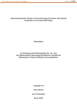 Spectrophotometric Studies of Avian Plumage Coloration with Special Emphasis on the Ultraviolet Range