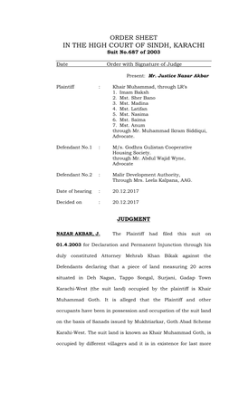 IN the HIGH COURT of SINDH, KARACHI Suit No.687 of 2003