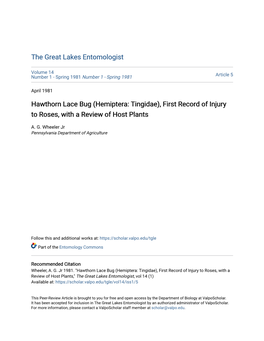 Hawthorn Lace Bug (Hemiptera: Tingidae), First Record of Injury to Roses, with a Review of Host Plants